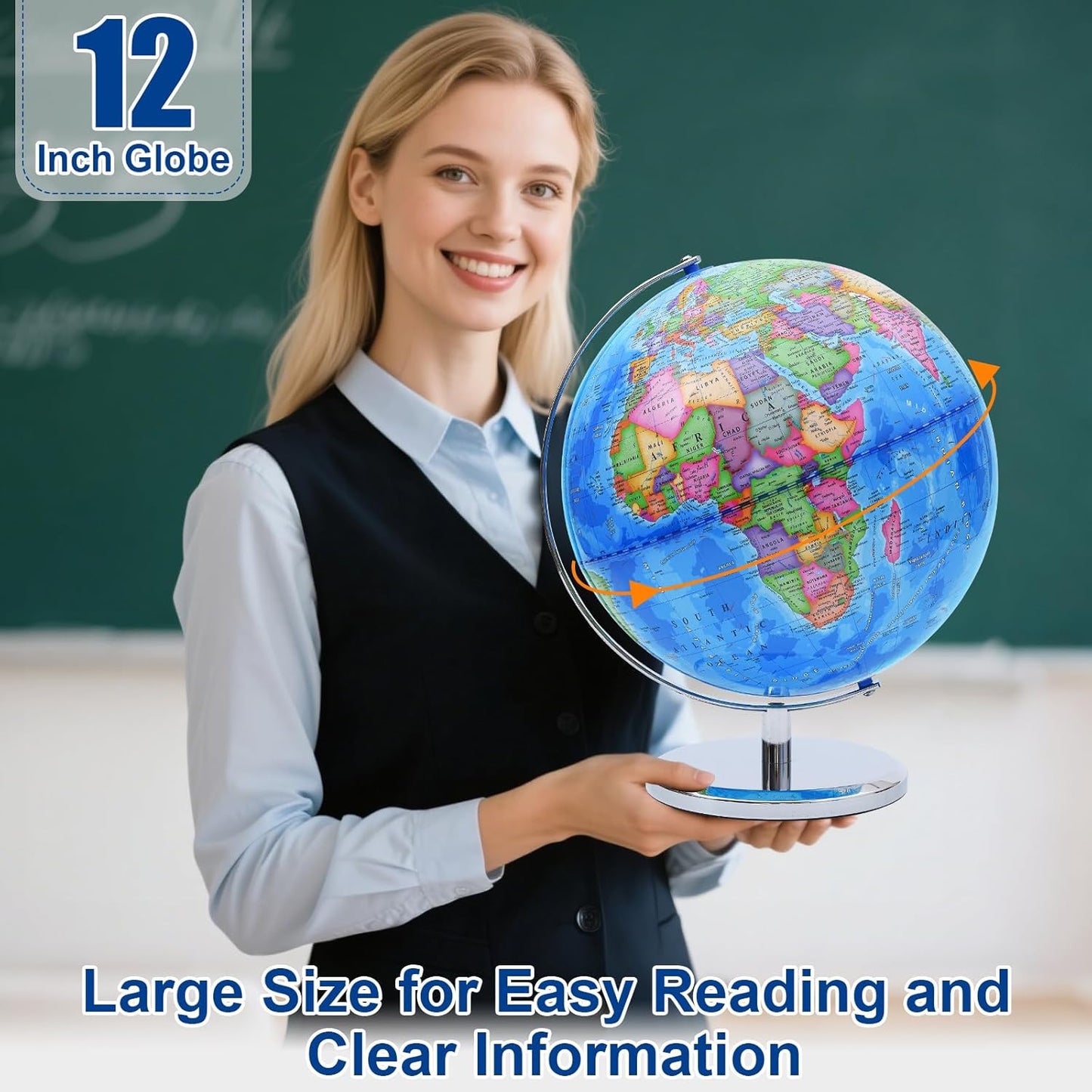 World Globe for Kids Learning - 6 inch Interactive Earth Globe with Stand for Children Students Educational Geography, Spinning World Globes Map Decorative Kids Room Classroom, Desk, Office, Home