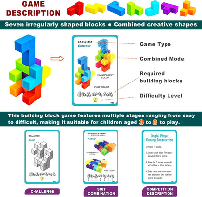 Magnetic Building Blocks Magic Magnetic 3D Puzzle Cubes, Set of 7 Multi Shapes Magnetics Blocks with 54 Guide Cards, Children's Educational Toys and Stress Relief Fidget Toys for Kids Adults