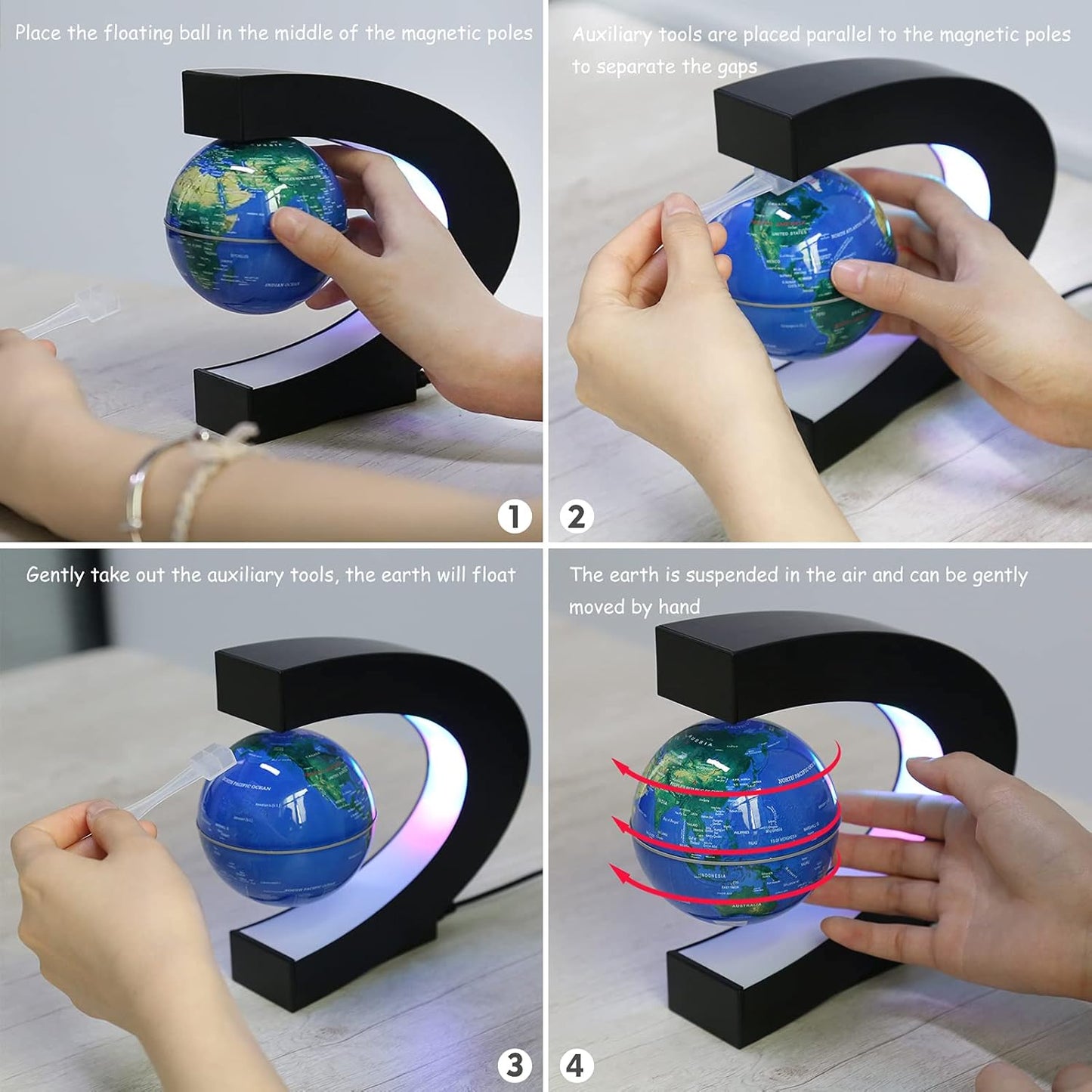 Novelty Gifts for Kids, Boys, Girls, Birthday Gift for Men, Gifts for Boss, Boyfriend, Graduation Gift for Him, Magnetic Levitation Floating World Map Globe with C Shape Base, With LED Lights