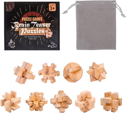 VolksRose 9pcs Wooden Brain Teaser Puzzles, IQ Challenge Puzzle Games, Logic Smart Mind Puzzle Box Lock Toy Removing Assembling 3D Small Puzzle Gift Set for Adults Teenagers Kids, 1.8inch 4.5cm