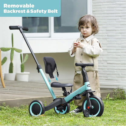 newyoo Toddler Tricycle with Push Handle for 1-3 Year Old, Toddler Bike, Birthday Gift and Toy for Boys and Girls, 5 in 1 Kids Trike, Balance Bike with Backrest and Safety Belt, Khaki, TR007