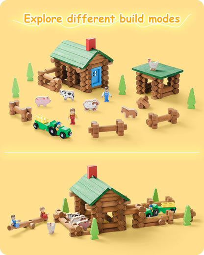 SainSmart Jr. 110 PCS Wooden Log Cabin Set Building House Toy for Toddlers, Classic STEM Construction Kit with Colorful Wood Logs Blocks for 3+ Years Old