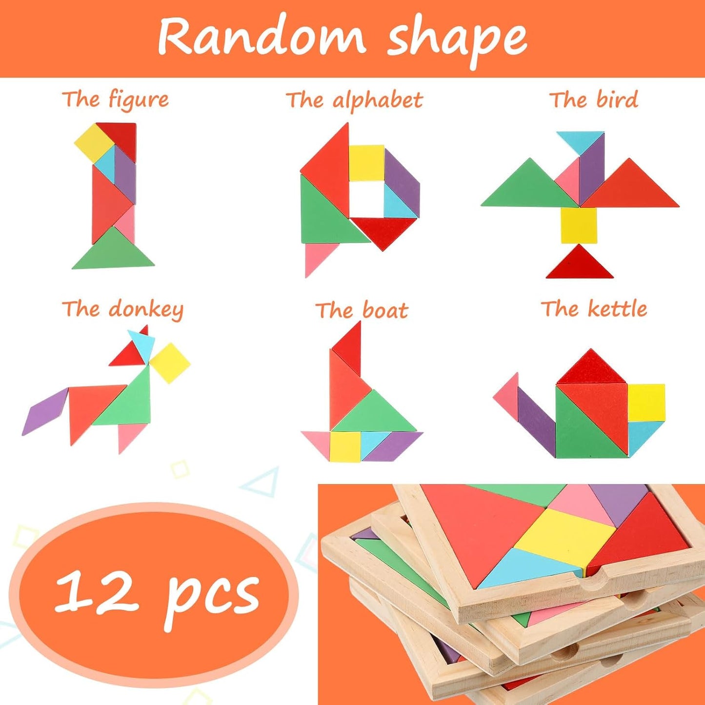 Meooeck 12 Pack Tangrams Wooden Puzzles Tangrams Set f Shape Puzzles Brain Logic Blocks for Games Educational Gifts for Adults Students(Notch Style)