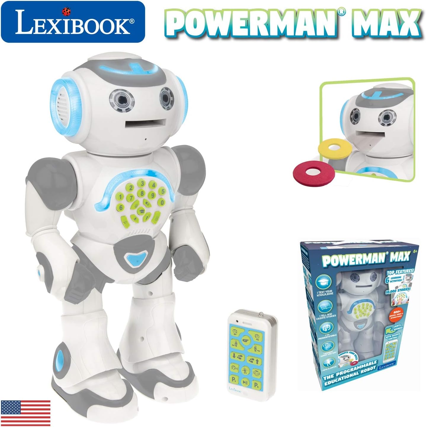 LEXiBOOK, Powerman Neo, My Robot Full of Technology, Remote Control and Gesture Control, Educational Activities in English, Programmable, Music and Dance, Sound and Light Effects, Blue/White, ROB18EN