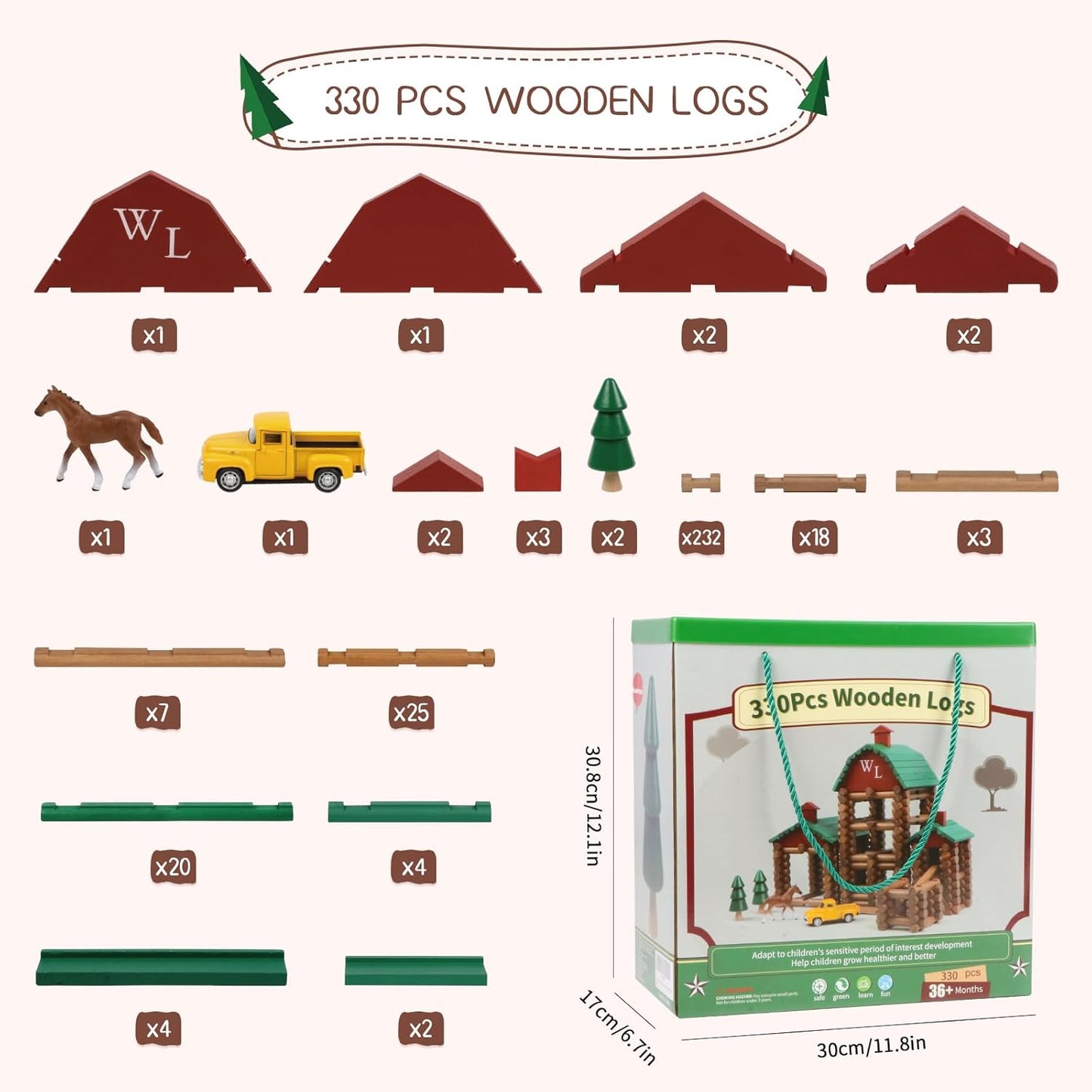 Wondertoys 208 Pcs Wooden Log Set - Classic Building Logs Ages 3+ - Best Retro Building Gift Set for Boys - Creative Construction Engineering Educational Gifts