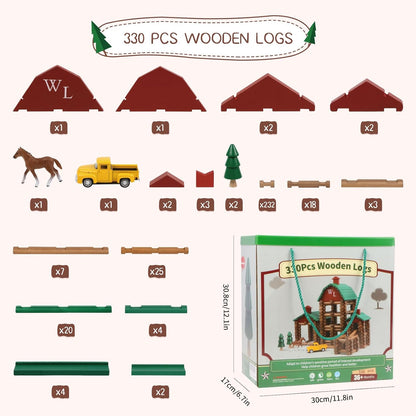 Wondertoys 208 Pcs Wooden Log Set - Classic Building Logs Ages 3+ - Best Retro Building Gift Set for Boys - Creative Construction Engineering Educational Gifts