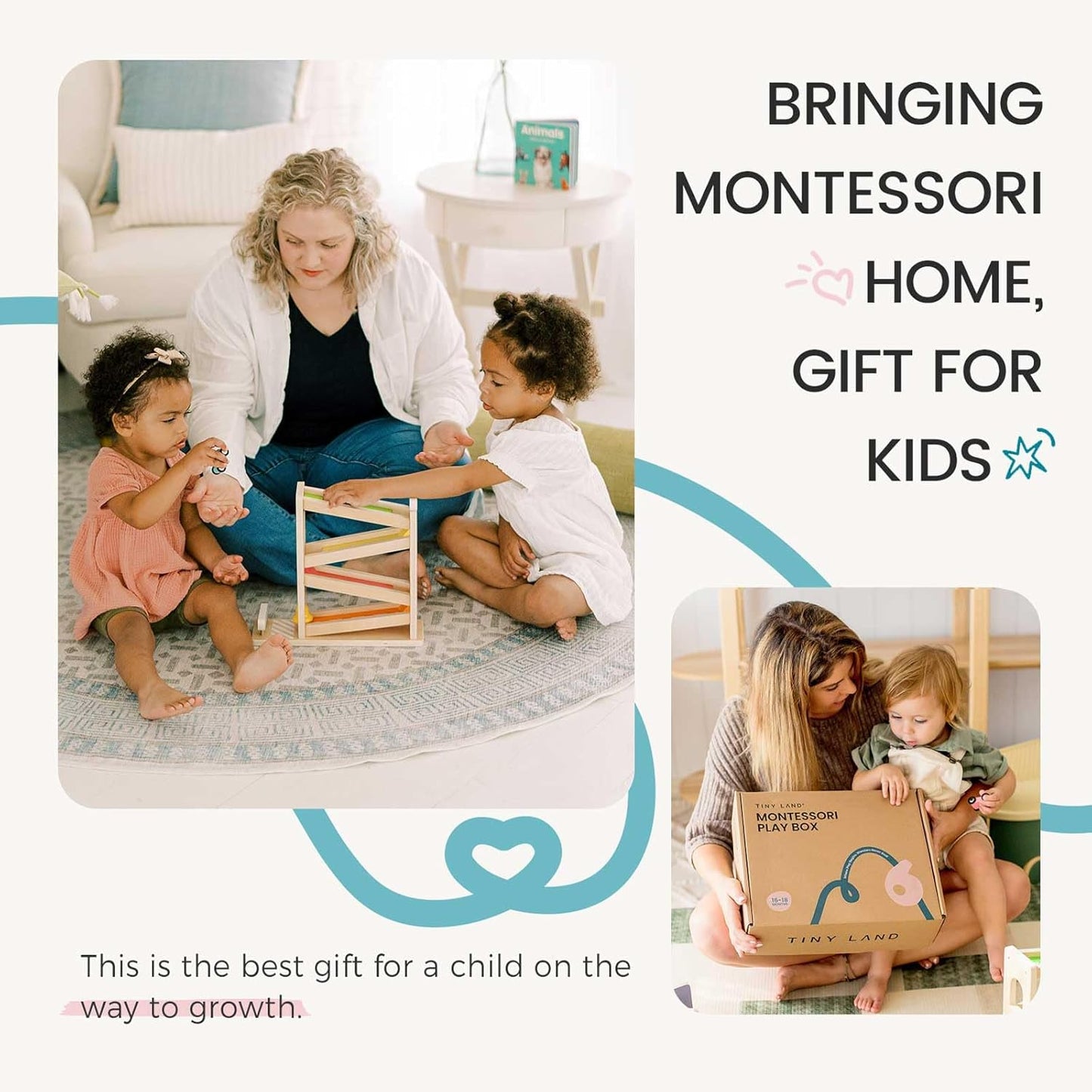 Tiny Land Montessori Baby Toy Set 0-3 Months Newborn Development Sensory Play Kit - 5-in-1 Mirror, Black & White Card Set, Rolling Bell, Play Mat, and Bed Wrap