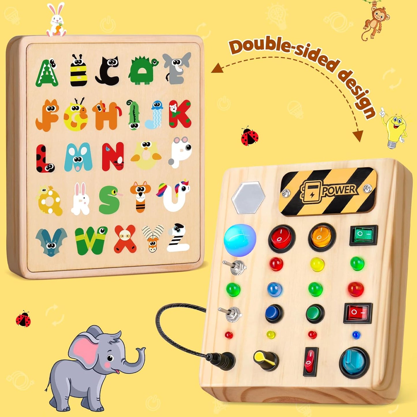 TINTECUSA Busy Board Montessori Toys for Toddler, Wooden Sensory Board Switch Toy with Shape Sorter LED Light Up Toys Educational Plane Travel Activity for Girls & Boys