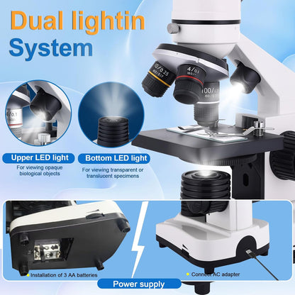 Microscope for Kids & Adults, 40X-2500X High-Power Compound Microscope for Students, School Lab & Home Schooling,Features Prepared Slides & Phone Holder