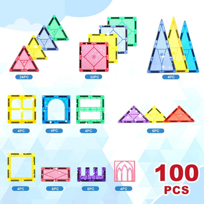 Mruikeny 100 Pieces Magnetic Tiles for Kids Ages 4-8, Glitter Magnetic Building Tiles Preschool Learning Magnet Toys, STEM Sensory Magnet Building Blocks for Toddlers 3 4 5 6 7 8+ Year