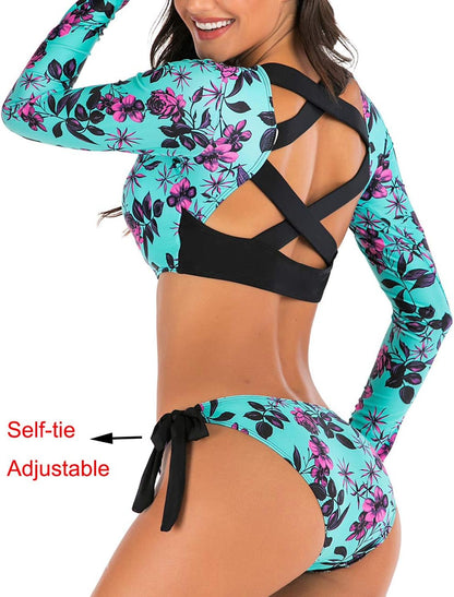 JadeRich Women's Fashion Pattern Long Sleeve Tankini Sets UPF 50+ Rash Guard Swimsuit Sun Block Swimwear