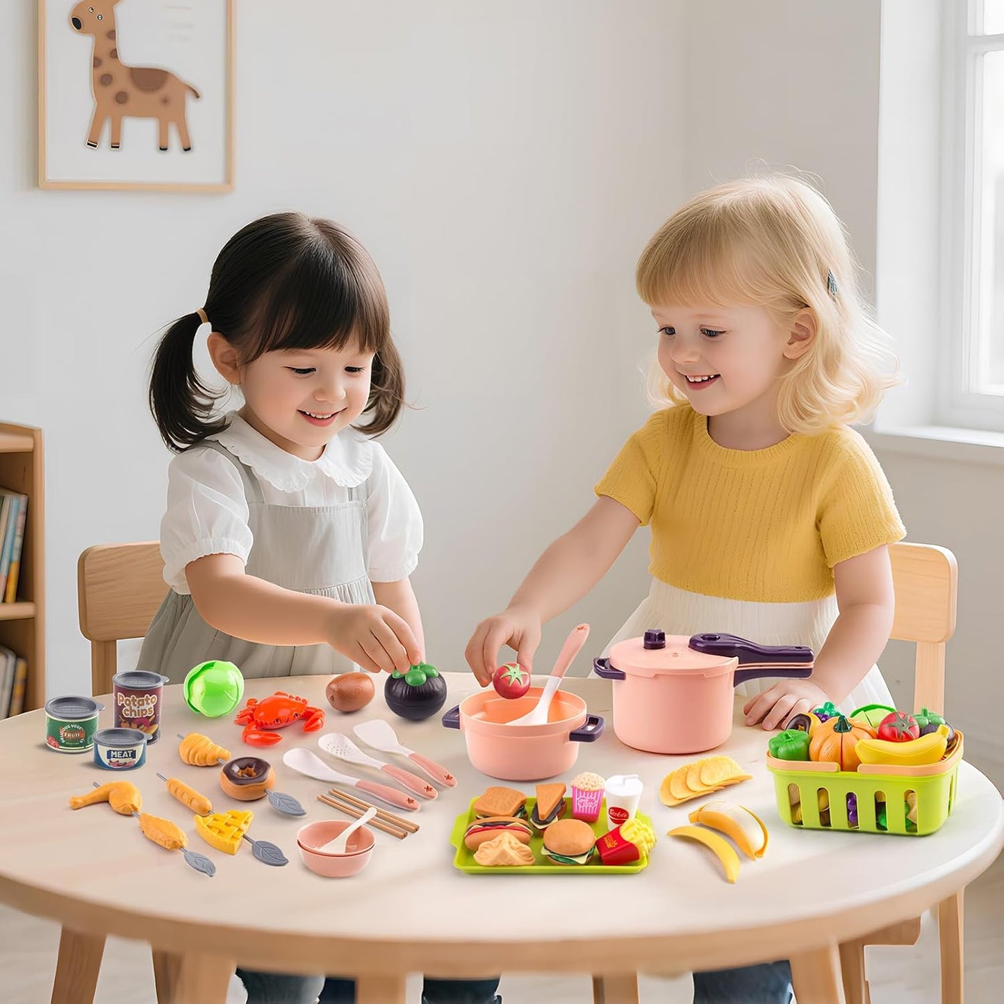 60Pcs Kids Mini Play Kitchen Accessories, Pretend Cooking Play Set with Cookware, Tableware & Fruit & BBQ Sets, Learning Gift for Boys, Girls, Toddlers,Yellow