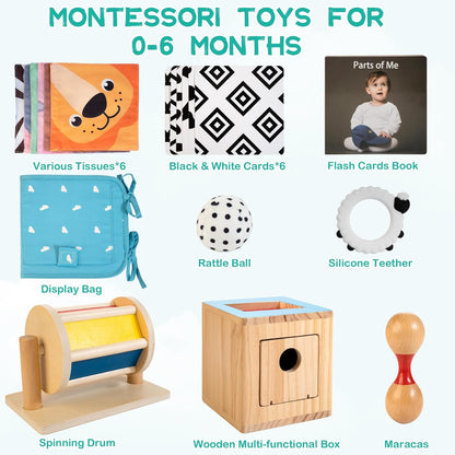 WOODMAM Montessori Toys for Babies 7-12 Months, 9 in 1 Educational Wooden Toys Set, Includes Object Permanent Box, Stacking Cups, Mirror Puzzle, Ring Stacker and More
