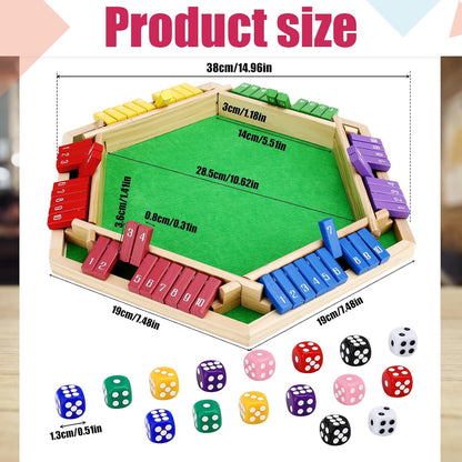 Shut The Box Game for 6 Players - Wooden Board Tabletop Family Math Game with 12+4 Dice
