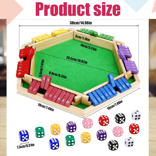 Shut The Box Game for 6 Players - Wooden Board Tabletop Family Math Game with 12+4 Dice