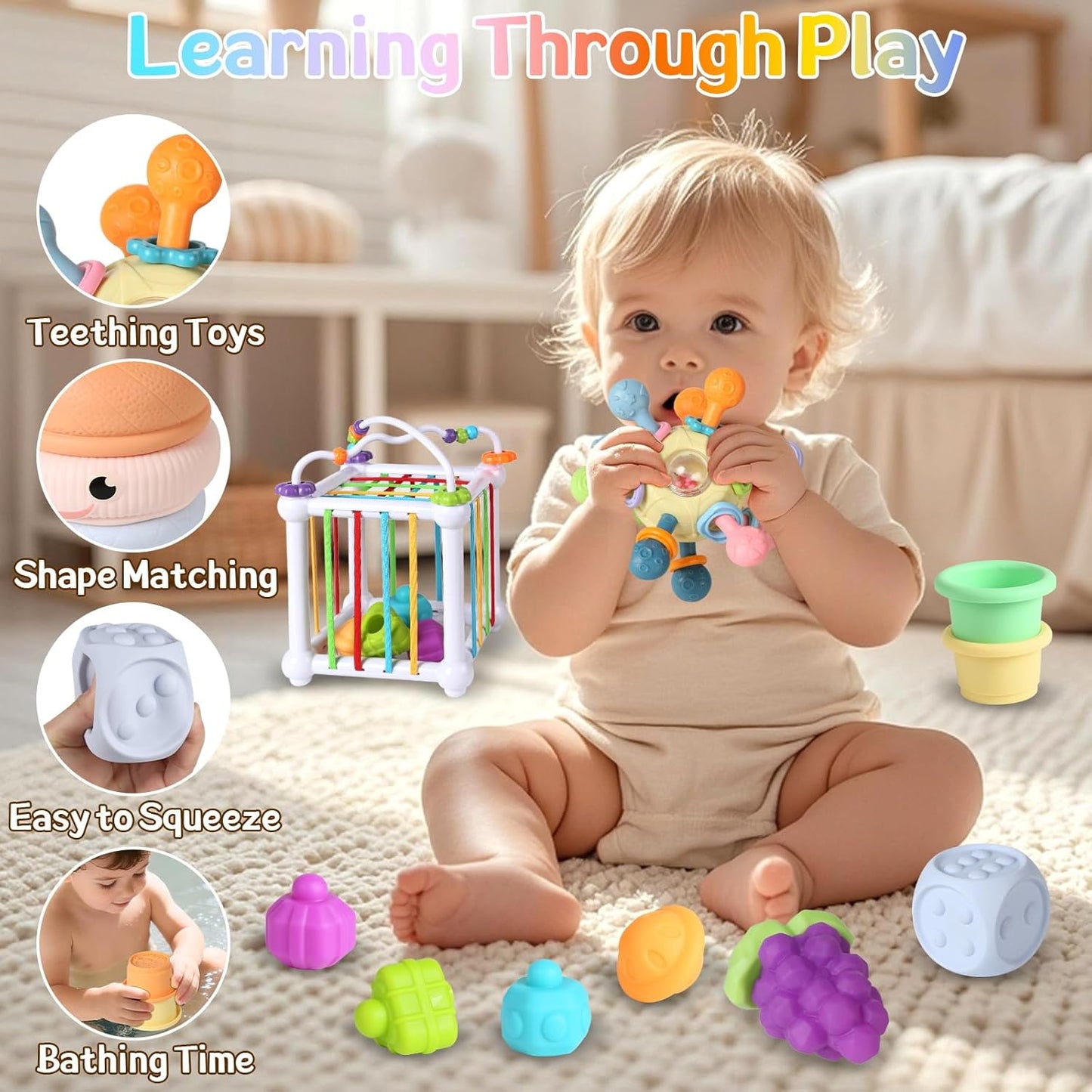 6-in-1 Montessori Baby Toys for 6-12-18 Months, Fun Infant Toys with Shape Sorter Sensory Bin, Stacking Rings, Bath Toys,Soft Fruit, Learning Developmental Toys Gifts for 1 2 3 Year Old Boys Girls