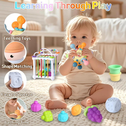 6-in-1 Montessori Baby Toys for 6-12-18 Months, Fun Infant Toys with Shape Sorter Sensory Bin, Stacking Rings, Bath Toys,Soft Fruit, Learning Developmental Toys Gifts for 1 2 3 Year Old Boys Girls