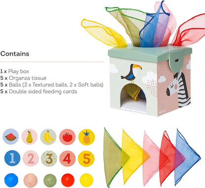 Taf Toys Baby Tissue Box Toy Silicone Baby Toys 6-12 Months Montessori Toys Sensory Activity & 10 Tissues for Fine Motor Development Soft Interactive Silicone Learning Cube for 1 Year Old Toddlers