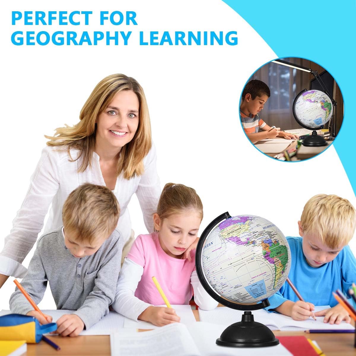 KISEER 8 Inch World Globe with Stand Rotating Earth Spinning Globe for Kids Geography Classroom Education or Decorations (Blue)
