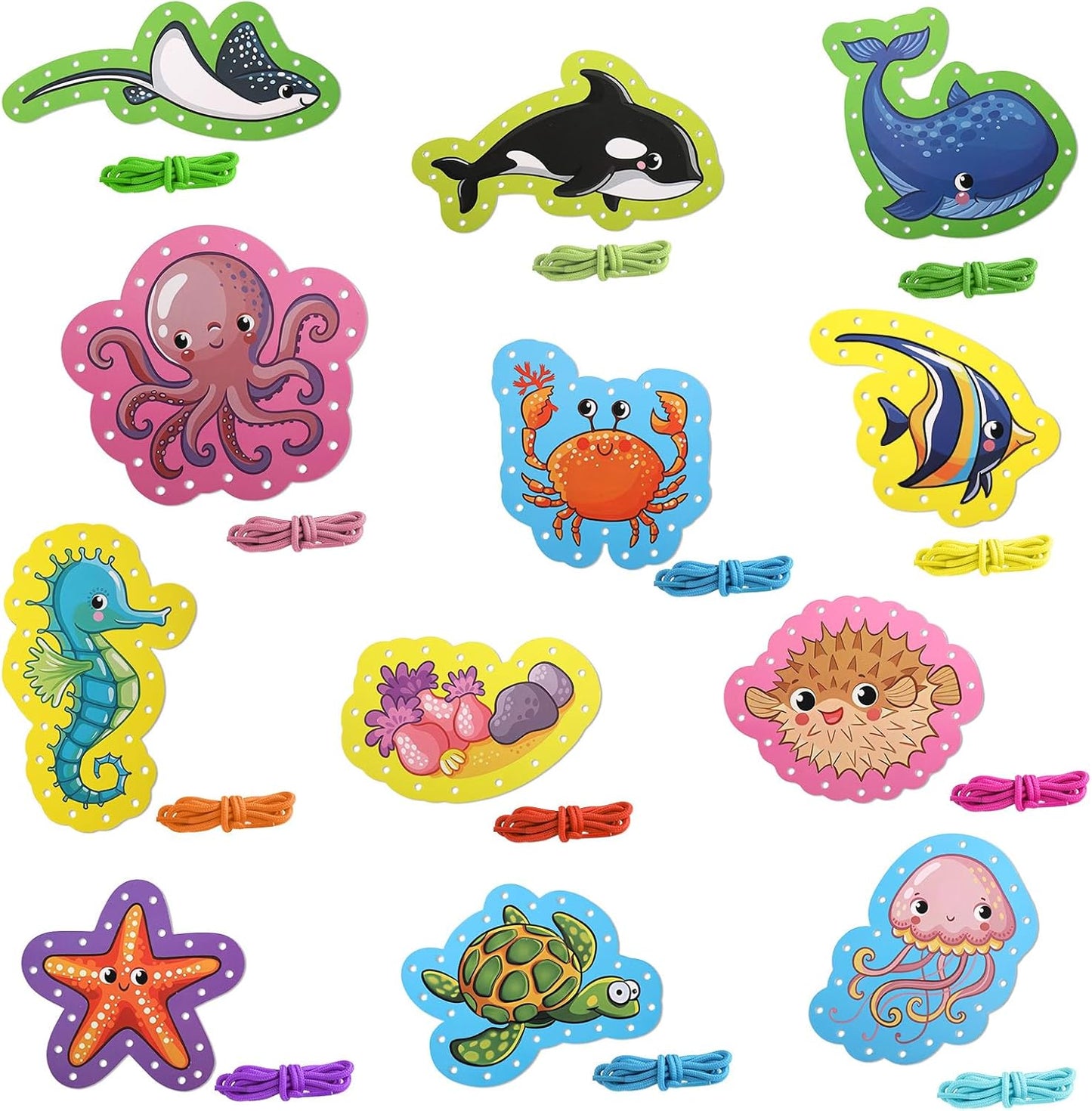 NQEUEPN 12pcs Lacing Cards for Kids, Double Sided Sea Animals Sewing Cards with 12 Colorful Laces Thickened Play and Learn Lacing Cards for Children Toddlers Developing Imagination Education Supplies