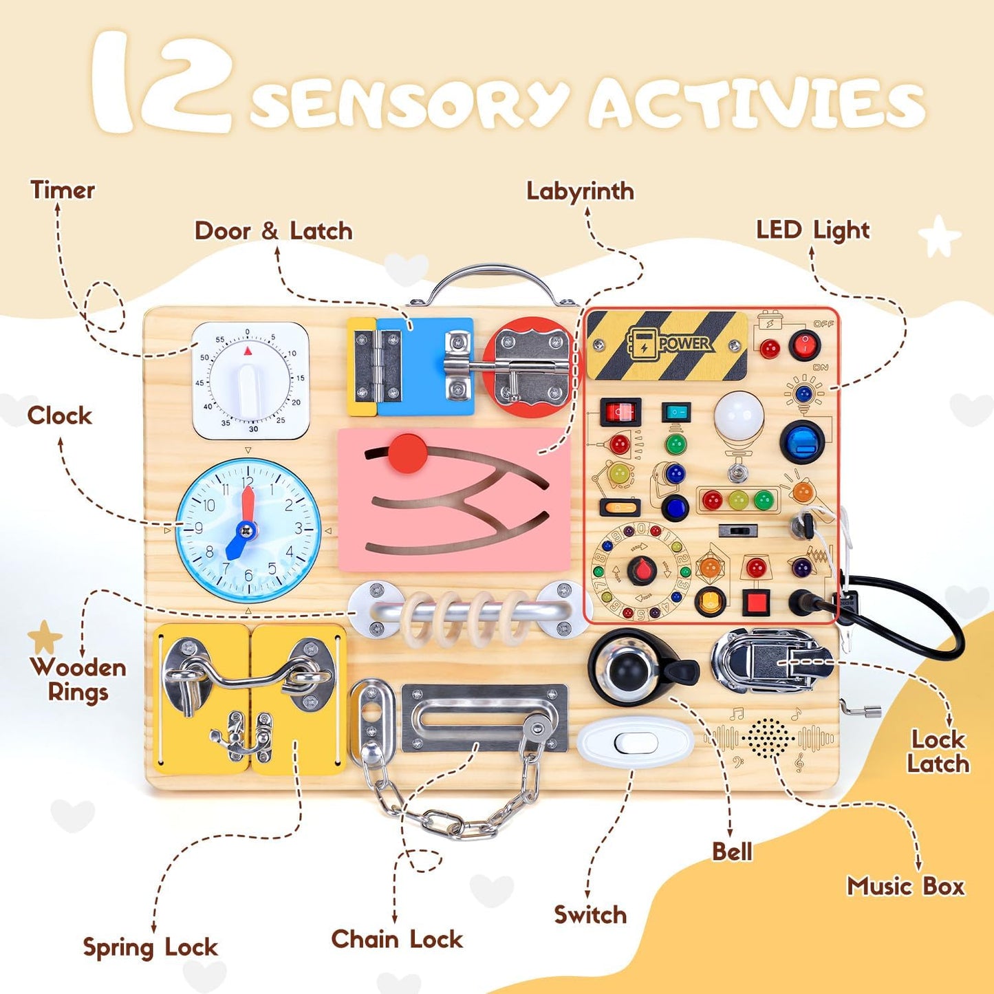 Busy Board with LED Light Switches, Montessori Toys for 1 2 3 Years Old, Toddlers Wooden Toy Sensory Activity Board, Travel Toys for 1+ Year Old Boy & Girl Birthday Gift