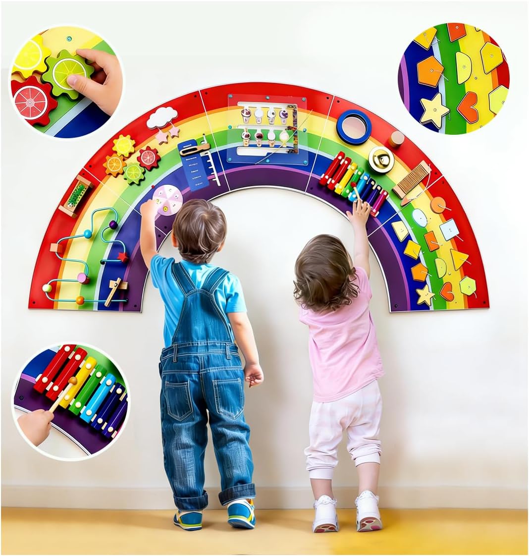Rainbow Wall Busy Board for Kids: Wooden Montessori Activity Panel | 13-in-1 Sensory Learning Toys for Fine Motor Skills - Playroom & Nursery Essentials for Toddlers