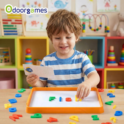 Magnetic Tray with 95 Magnetic Letters & 36 Alphabet Flash Cards – Kids Dry Erase Board, Magnetic Board for Kids & Classroom Learning Tool (Cyan)