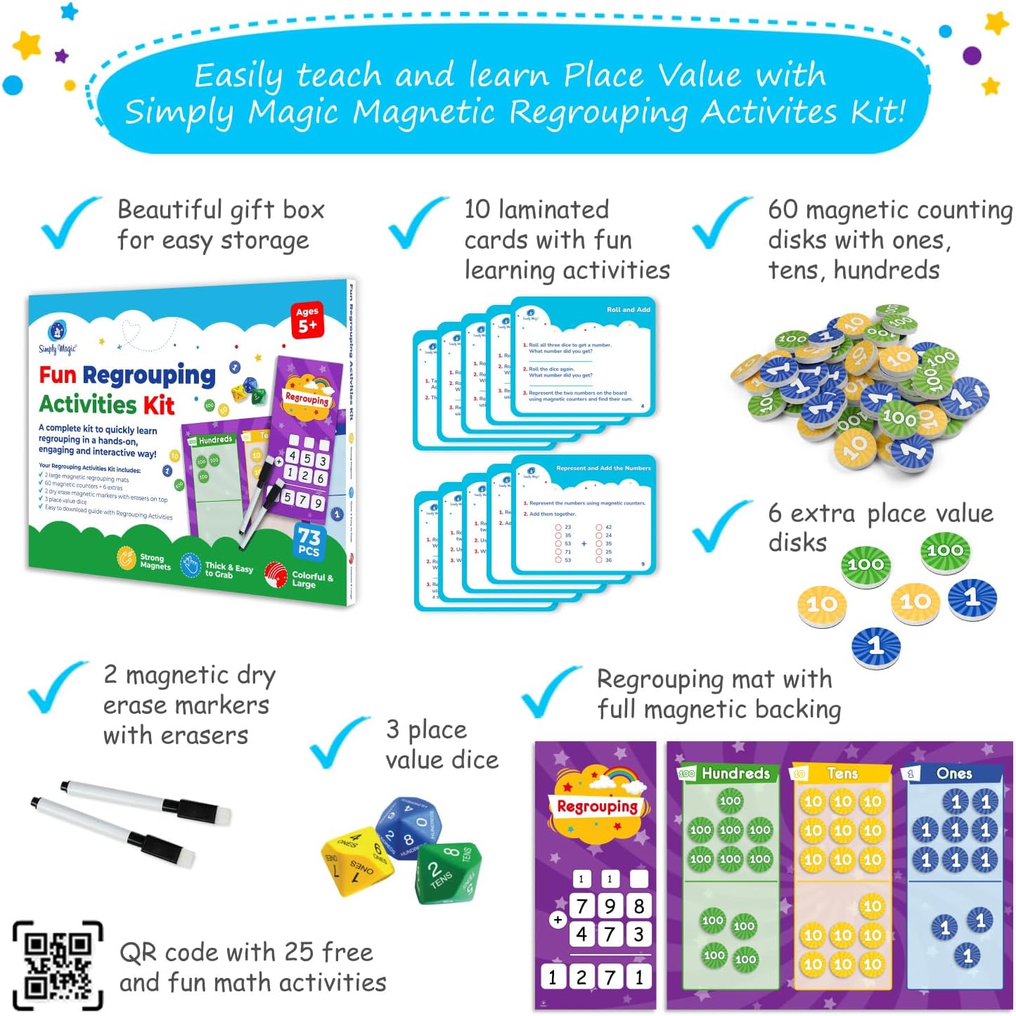 73 PCS Fun Magnetic Regrouping Activities Kit, Place Value Magnets, Magnetic Place Value Chart Mat, Place Value Manipulative 1st 2nd 3rd 4th Grade, Place Value Disks Chips, Base 10 Math - Simply Magic