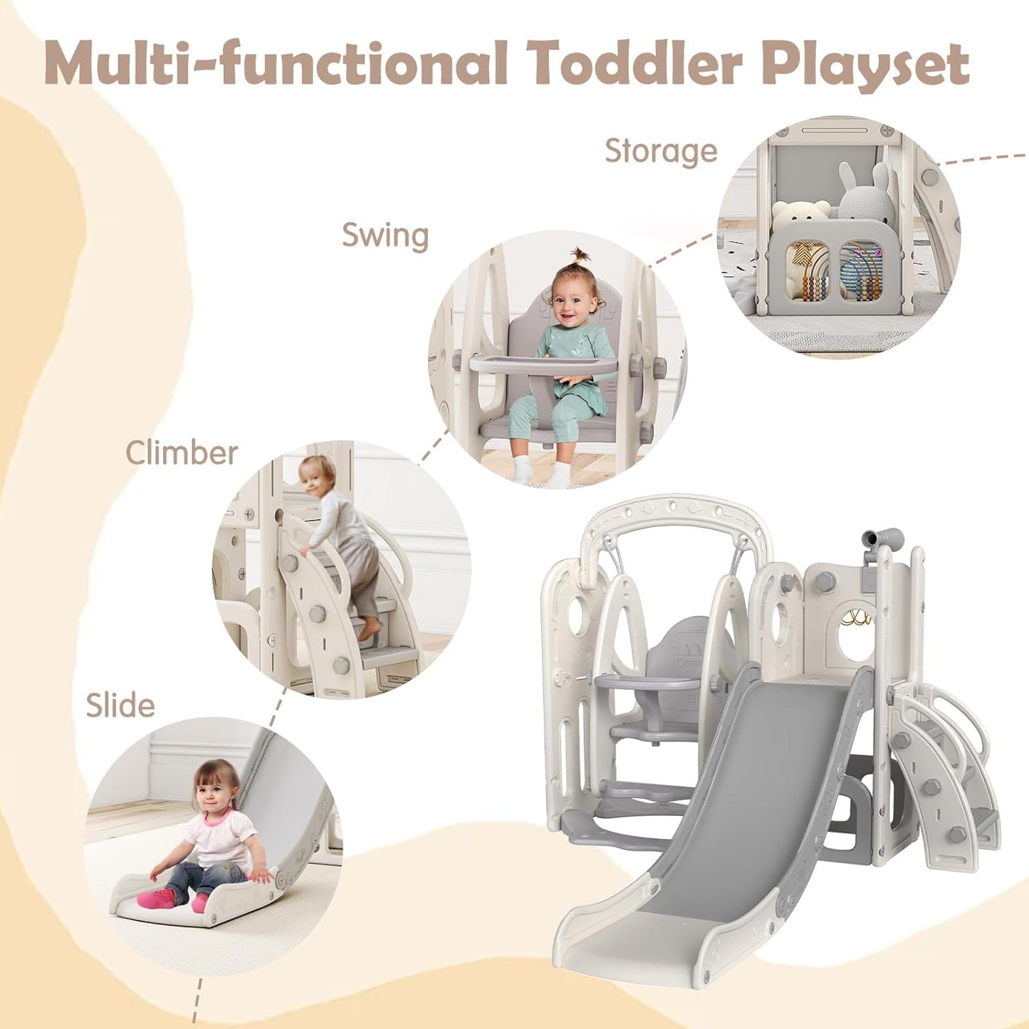kinbor 6 in 1 Toddler Slide PlaySet - Indoor Outdoor Fun for Kids Ages 1-3, Includes Basketball Hoop, Telescope, Storage & Climber, Safe, Sturdy Baby Slide for Backyard Playground, Blue