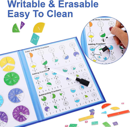 Magnetic Fraction Playbook & Fraction Manipulatives Set, Montessori Magnetic Fraction Book for Kids Grades K-3, Math Manipulatives with Fraction Tiles and Circles, Educational Fraction Games & Puzzle