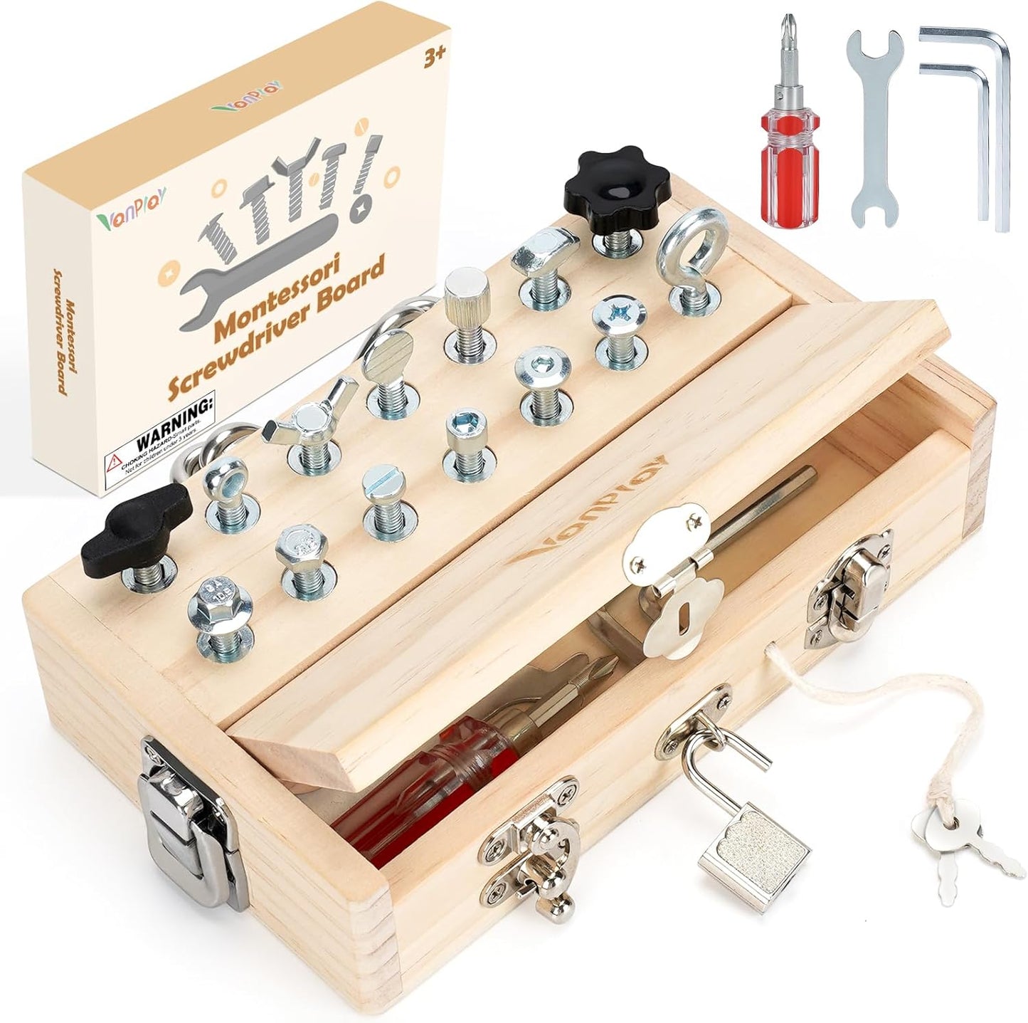 Vanplay Busy Board Toys for 3 4 5 Year Olds Boy Birthday Gifts, Montessori Toys for 3 Year Old, Screwdriver Board Set with Lock and Key - Wooden Kid Tool Set Educational Learning Toys for Kids 3-6
