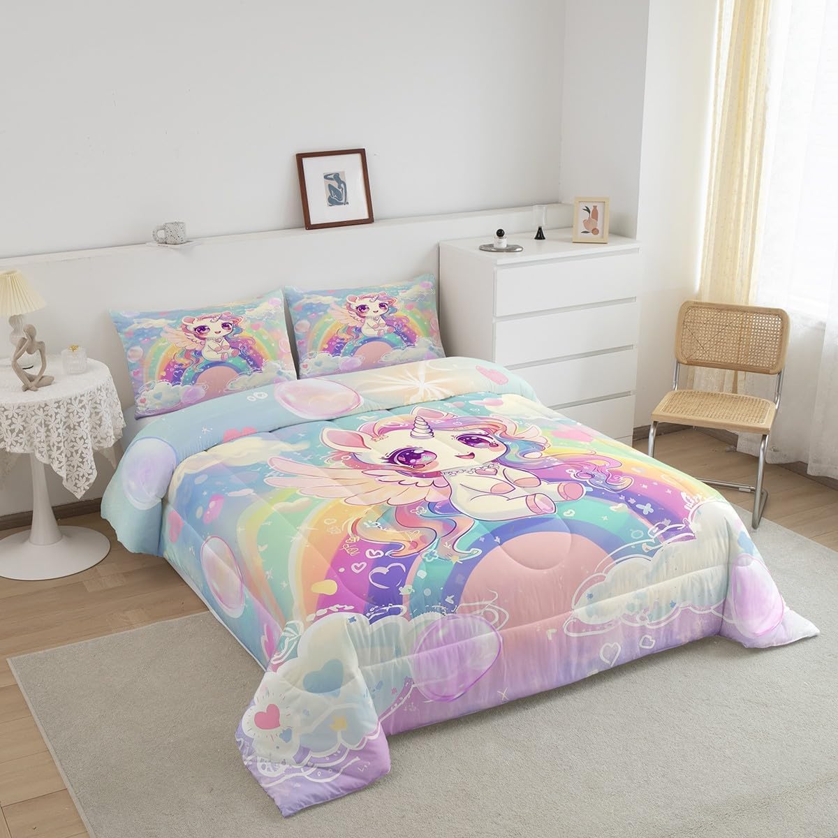 Castle Fairy Drum Kit Comforter Set,Musical Instruments Bedding Set for Kids Girls Women,Adults Rock Music Comforter,Neon Lighting Quilted Duvet Set Bedroom Collection Twin Size 2Pcs