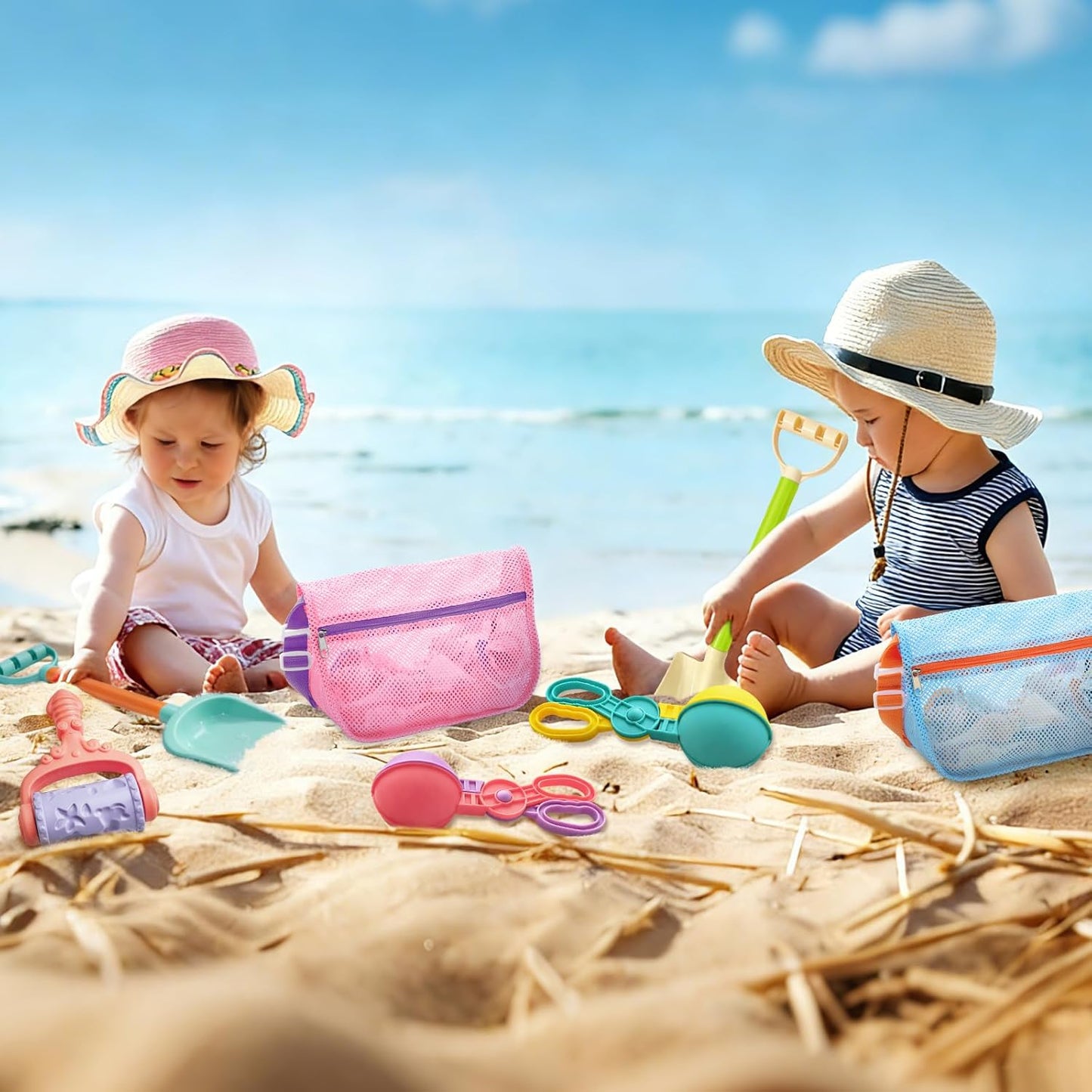 Beach Toy Mesh Beach Bag, 2Pcs Seashell Collecting Bags with Adjustable Shoulder Straps - 2pcs Sand Maker, Detachable Beach Shovels & Sand Rolling Mold, Outdoor Toys and Gifts for Kids