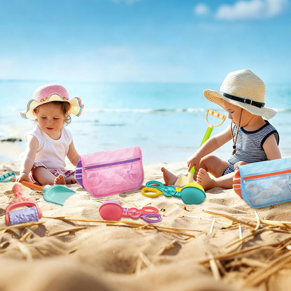 Beach Toy Mesh Beach Bag, 2Pcs Seashell Collecting Bags with Adjustable Shoulder Straps - 2pcs Sand Maker, Detachable Beach Shovels & Sand Rolling Mold, Outdoor Toys and Gifts for Kids