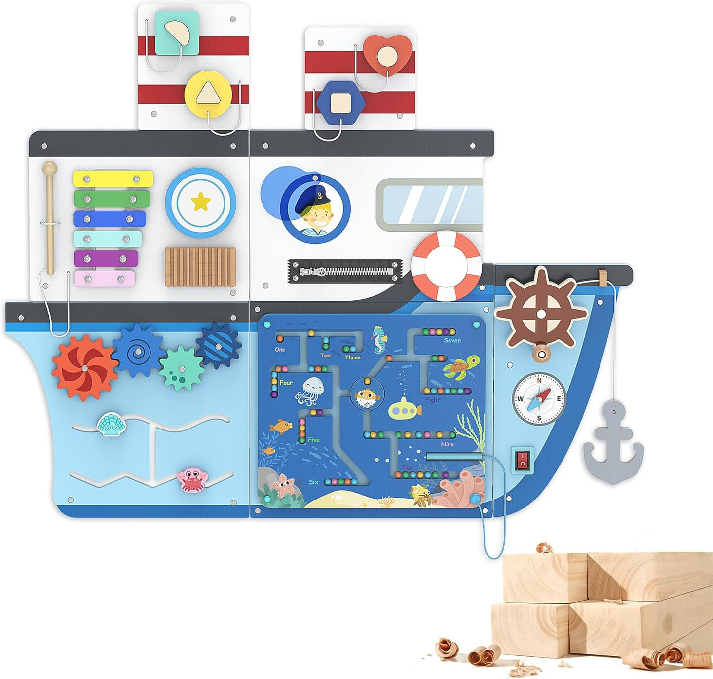 BlueWood Wooden Wall Busy Board Panels, Toddler Learning Activity Center, Montessori Philosophy Sensory, Educational Toys, Conducive to All-Round Development - Whale