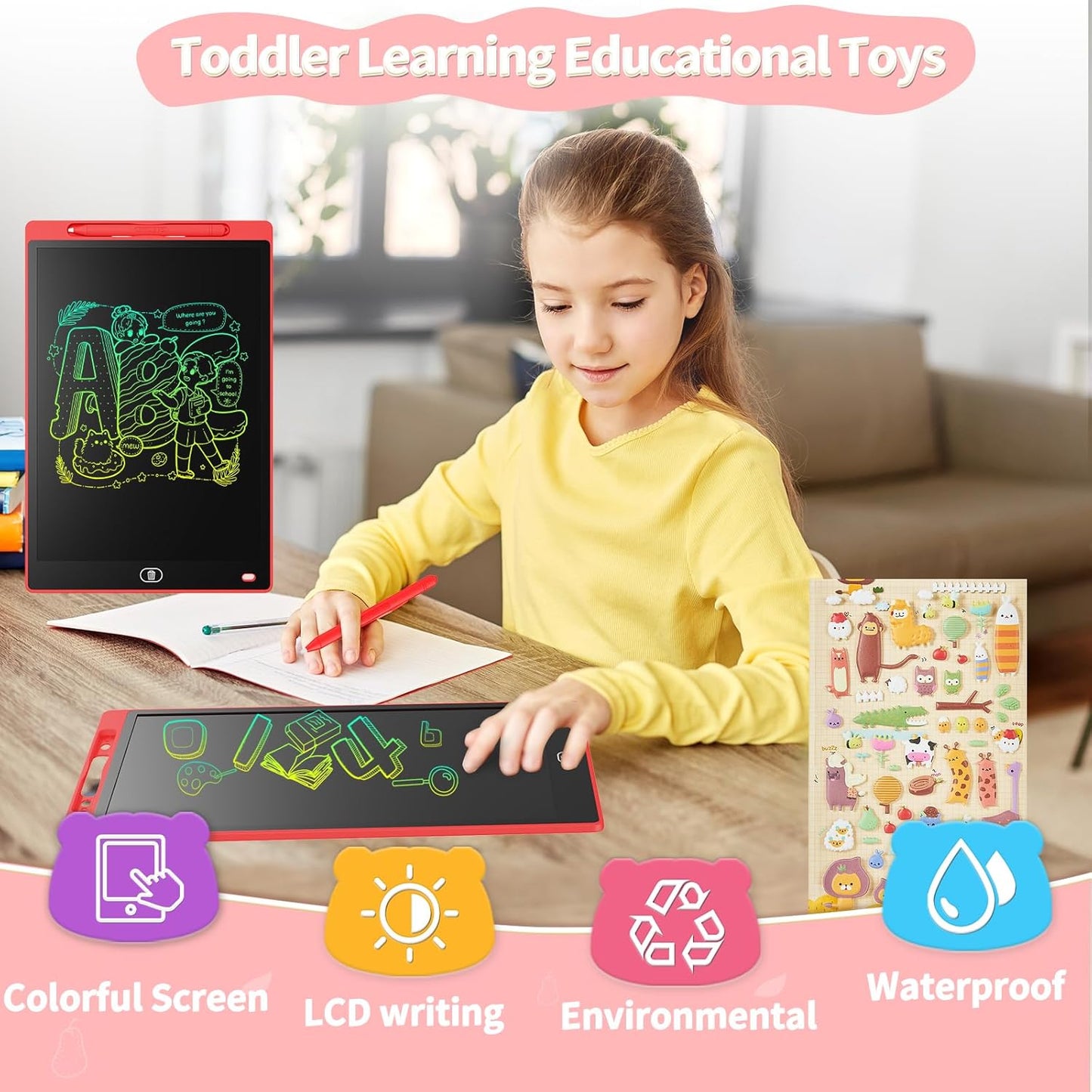 [2 Pack] Genialba LCD Writing Tablet 12-Inch Colorful Doodle Board, Toddler Learning Educational Toys Gifts for 3-8 Years Old Girls and Boys, Electronic Drawing Pad for Kids (Pink&Blue)