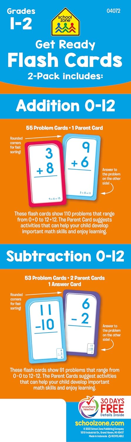 School Zone Get Ready Flash Cards Addition & Subtraction 2-Pack: 112 Math Cards, 1st & 2nd Grade, Addition 0–12, Subtraction 0–12, Early Math, Speed & Retention, Ages 6–8