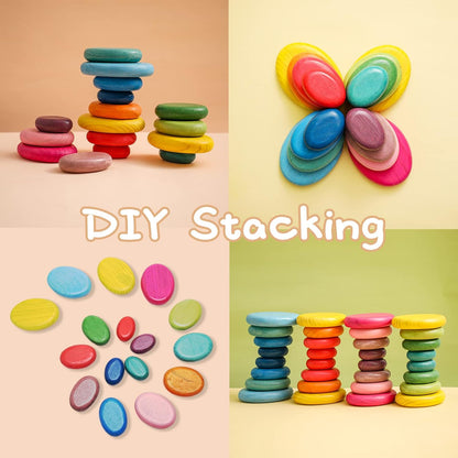OESSUF Stacking Rocks 48Pcs Stacking Blocks Balancing Stacking Stones Wooden Building Toys Wood Stone Stacking Game for Toddler Sorting Preschool Educational Montessori Stacking Rocks for Kids