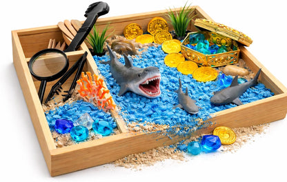 Shark Sensory Bin Kit for Kids - Ocean Sensory Play Kit with Wooden Storage Box, Moldable Sand, Sharks & Treasure Chest - Montessori STEM Learning Toy, Shark Gifts for Boys & Girls Ages 4-8