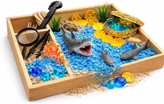 Shark Sensory Bin Kit for Kids - Ocean Sensory Play Kit with Wooden Storage Box, Moldable Sand, Sharks & Treasure Chest - Montessori STEM Learning Toy, Shark Gifts for Boys & Girls Ages 4-8