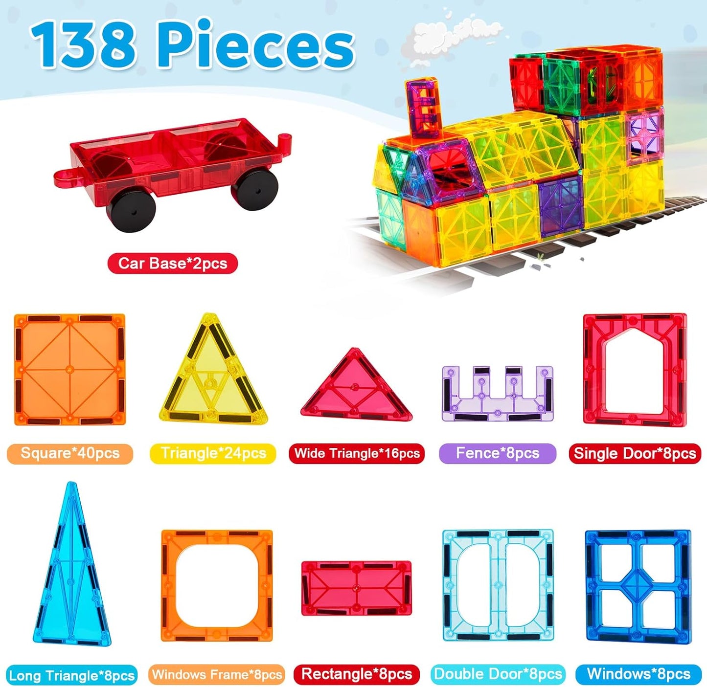 Ryoichi 138PCS Magnetic Tiles Set with 2 Cars, STEM Educational Construction Building Blocks & Montessori Learning Toys for Kids Ages 3-9+ Years