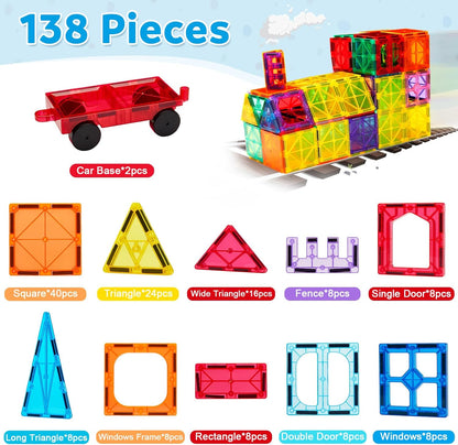Ryoichi 138PCS Magnetic Tiles Set with 2 Cars, STEM Educational Construction Building Blocks & Montessori Learning Toys for Kids Ages 3-9+ Years