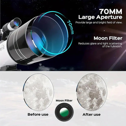 Astronomical Astronomical Telescope 150X High-Powered,Portable with 70mm Aperture (HD Refractor, Tripod, Phone Adapter, and Wireless Remote) Ideal for Stargazing and Space Exploration