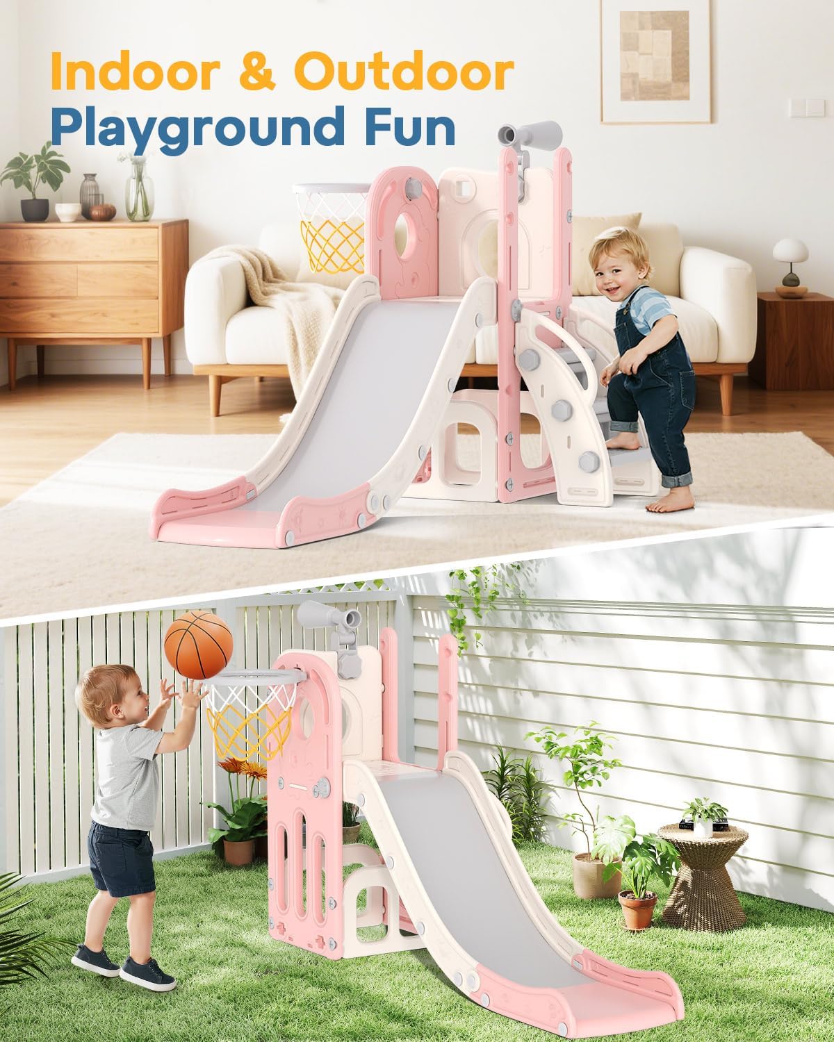 Babytronic Toddler Slide, 6 in 1 Kids Indoor Slide for Toddlers 1-3, Baby Indoor and Outdoor Climber Playset, Kids Slide with Basketball Hoop and Telescope, Toddler Outdoor Playground (Blue&Yellow)