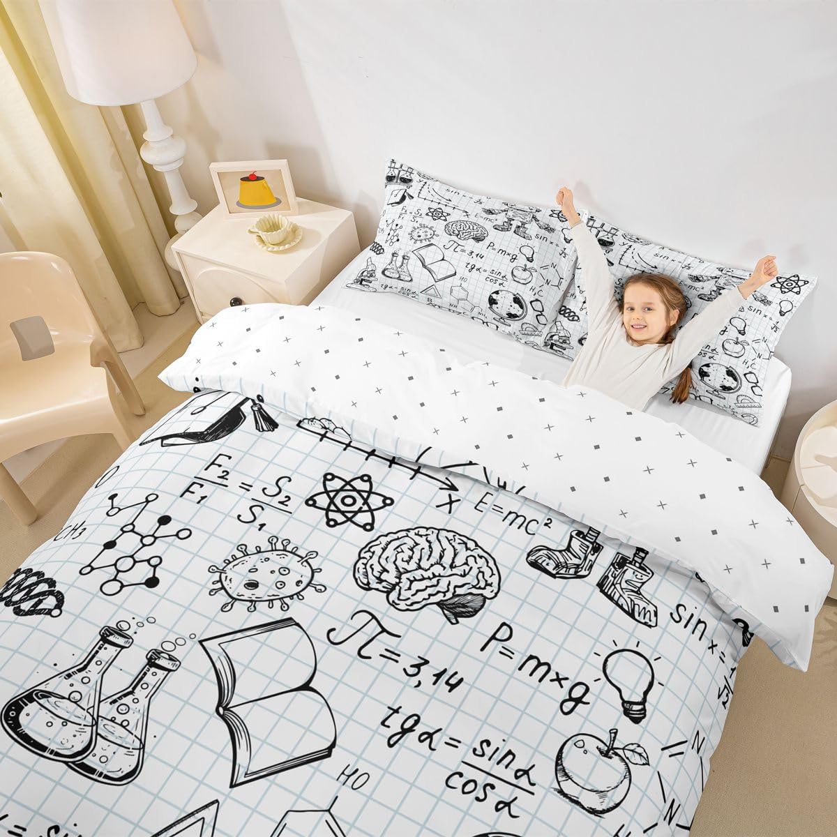 Feelyou Cute Robot Bedding Set for Girls Boys Children Math Chemistry Subject Comforter Cover Black White Grid Plaid Duvet Cover Room Decor Physical Formula Bedspread Cover Full Size 3Pcs
