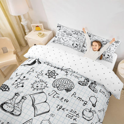 Feelyou Cute Robot Bedding Set for Girls Boys Children Math Chemistry Subject Comforter Cover Black White Grid Plaid Duvet Cover Room Decor Physical Formula Bedspread Cover Full Size 3Pcs