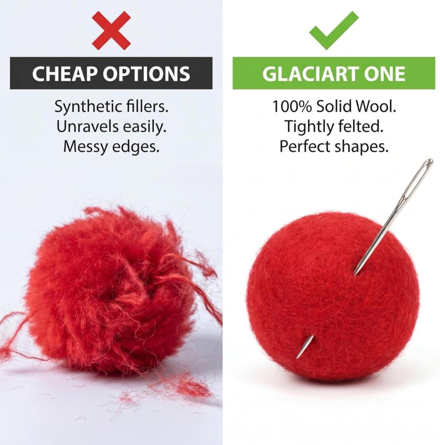 Glaciart One Felt Pom Poms, Wool Felt Balls (60 Pieces) 2 cm – 0.8 Inch, Handmade Felted 30 Color (Red, Pink, Blue, Yellow, Black, White, Pastel and More) Bulk Small Puff for Felting and Garland