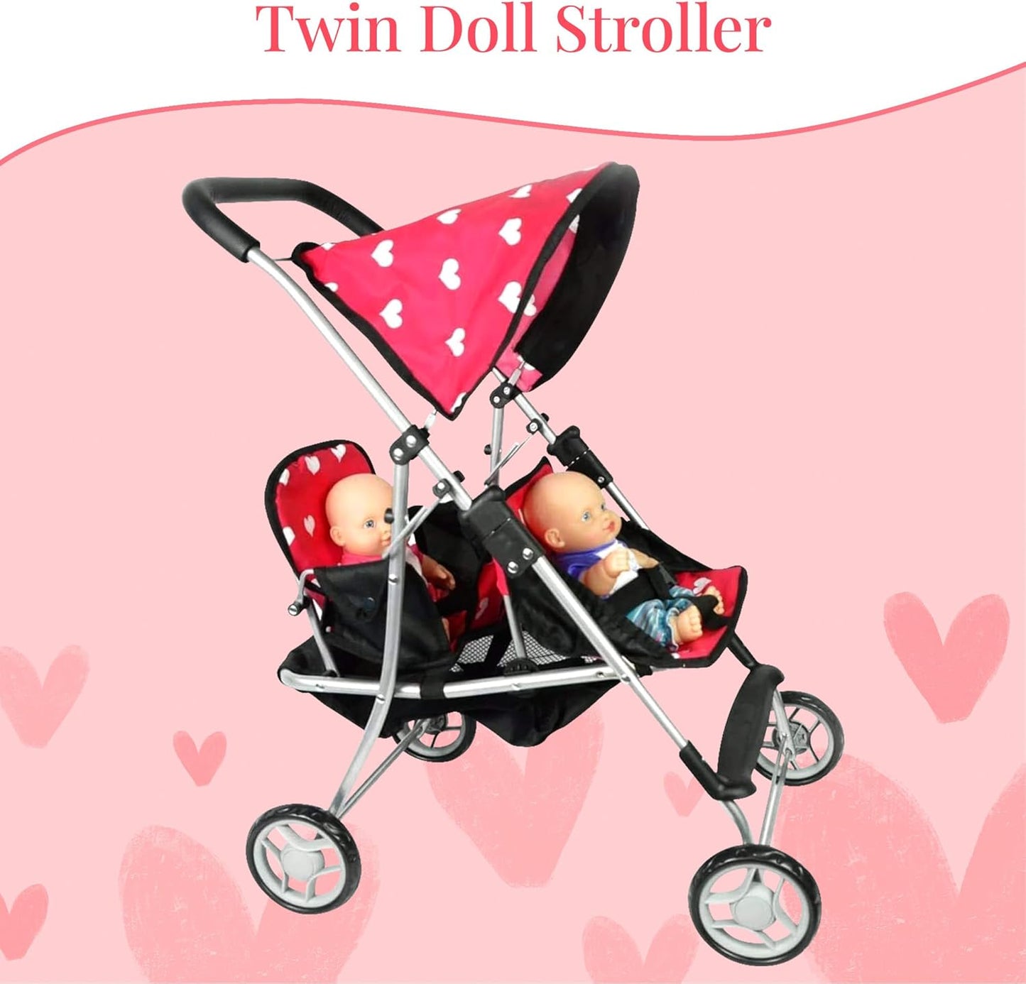 The New York Doll Collection First Twin Stroller - Cutest Heart Design Baby Strollers Great Toy Gift for Toddlers and Girls (Denim) Blue,pink