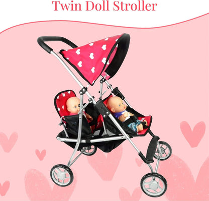 The New York Doll Collection First Twin Stroller - Cutest Heart Design Baby Strollers Great Toy Gift for Toddlers and Girls (Denim) Blue,pink