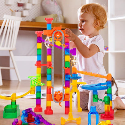 Meland Marble Run - 132Pcs Marble Maze Game Building Toy for Kid, Marble Track Race Set & STEM Learning Toys for Boy Girl Age 3 4 5 6 7 8 9+ (102 Translucent Marbulous Pcs & 30 Glass Marbles)